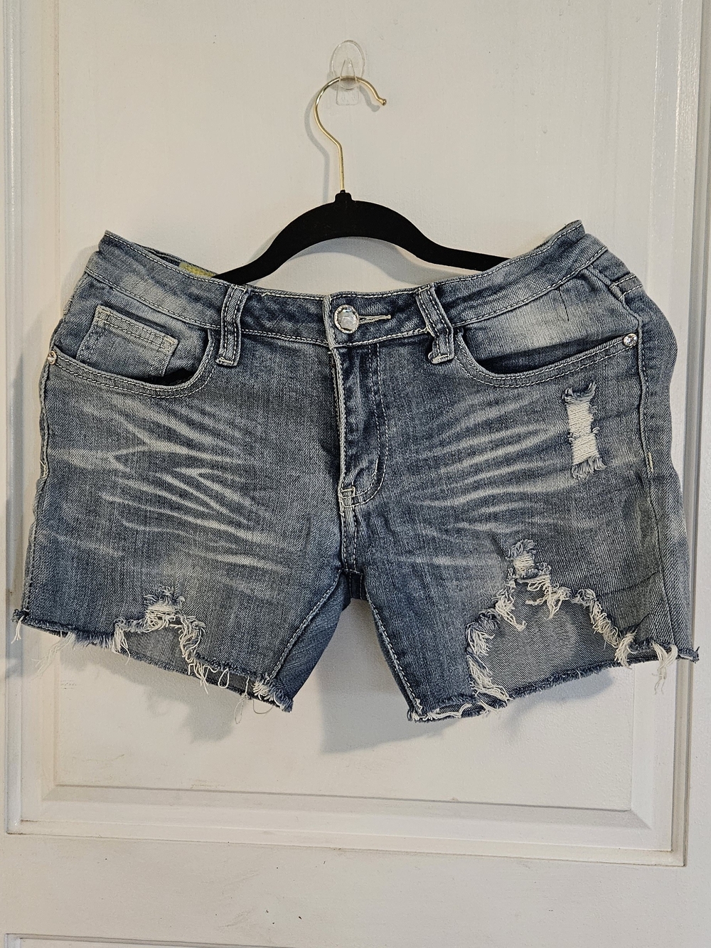 Machine Distressed Women's Denim Shorts - Faded Blue